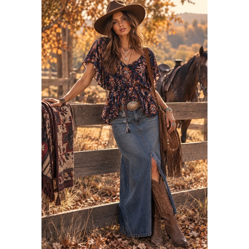 Free People Floral Boho Whimsigoth Lagenlook Tassel Earthy Blouse Blue Orange M